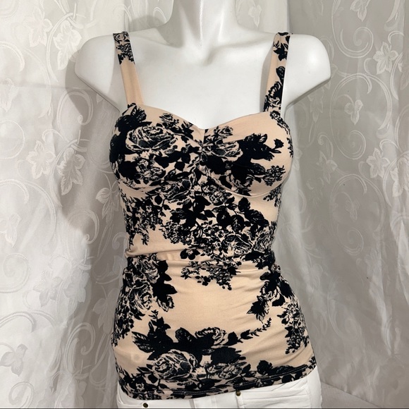 Seductions Nude Cream Floral Square Neck Stretch Tank Top - Picture 3 of 9